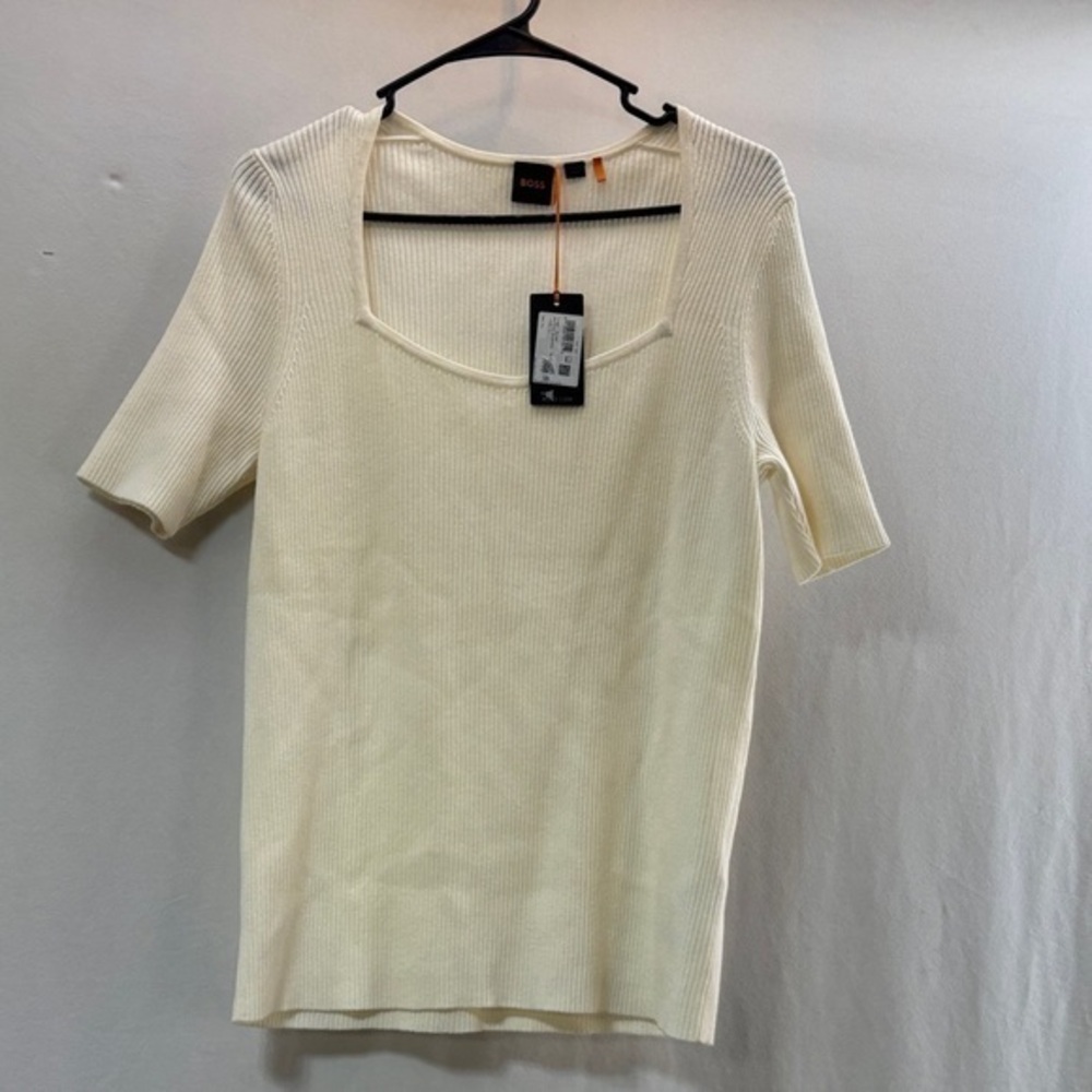 Boss HUGO Holy Ailee knit Cream Short Sleeve Ribbed square neck sweater XXL